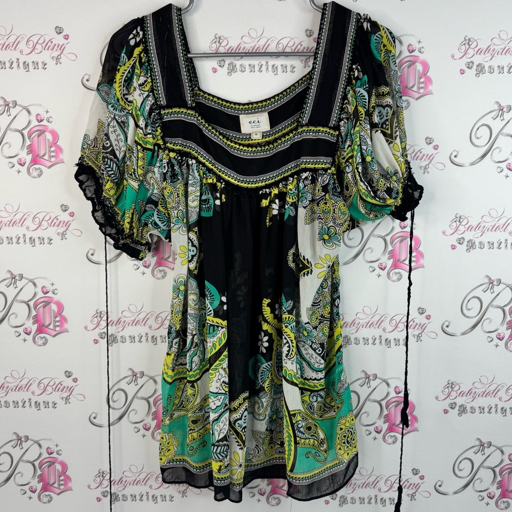 ECI New York shirt ruffle sleeve crochet detail Black and Green Paisley Blouse